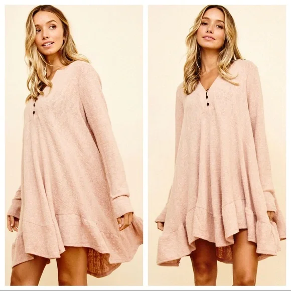 So Soft Cozy And Comfy Ruffle Hem Solid Tunic Dress - Picture 1 of 5